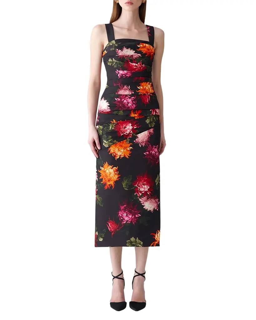 Carolina Herrera Gathered Floral Square-Neck Midi Dress - Women's Clothing