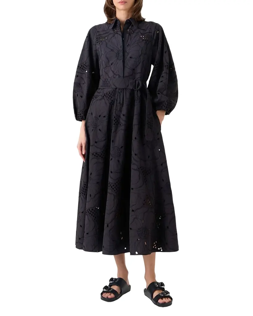 Akris punto Flower Eyelet Embroidered Cotton Belted Balloon-Sleeve Midi Shirtdress