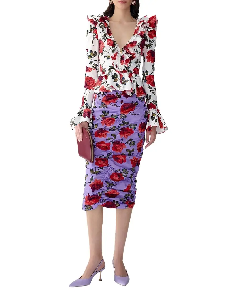 Carolina Herrera Floral Ruched Ruffle Peplum Blouse - Women's Clothing