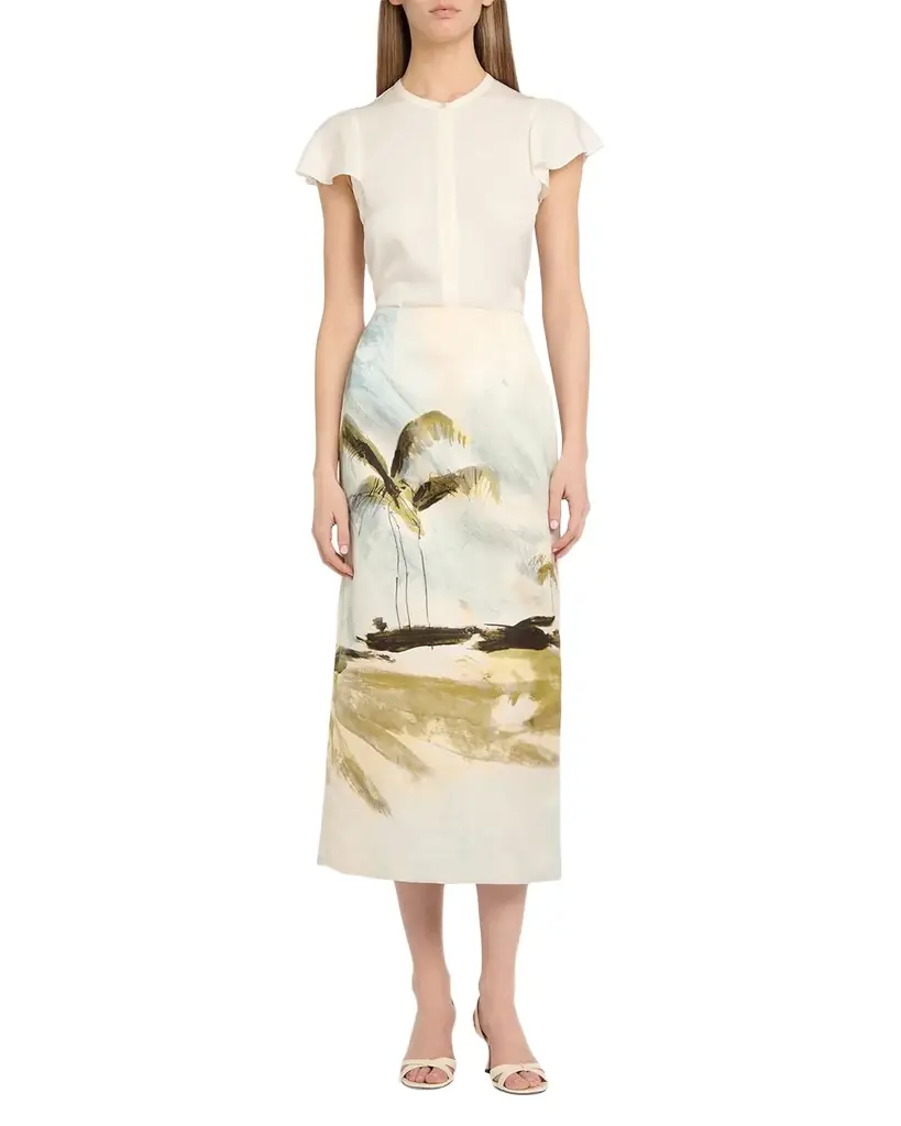 Oscar de la Renta Palm Tree Satin Midi Pencil Skirt - Women's Clothing