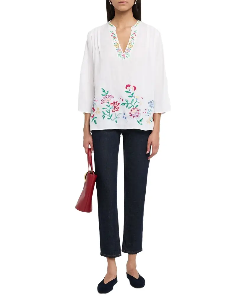 Johnny Was Floral-Embroidered Linen Blouse