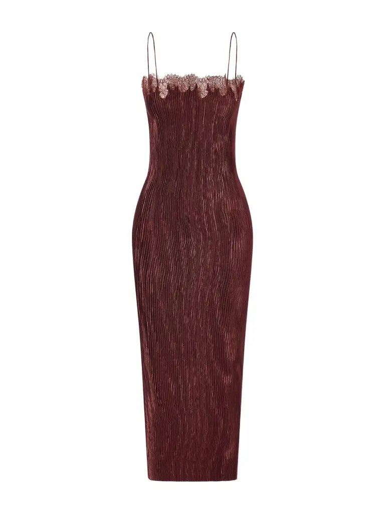 FFORME Lumie Lace-trimmed Pleated Satin Midi Dress