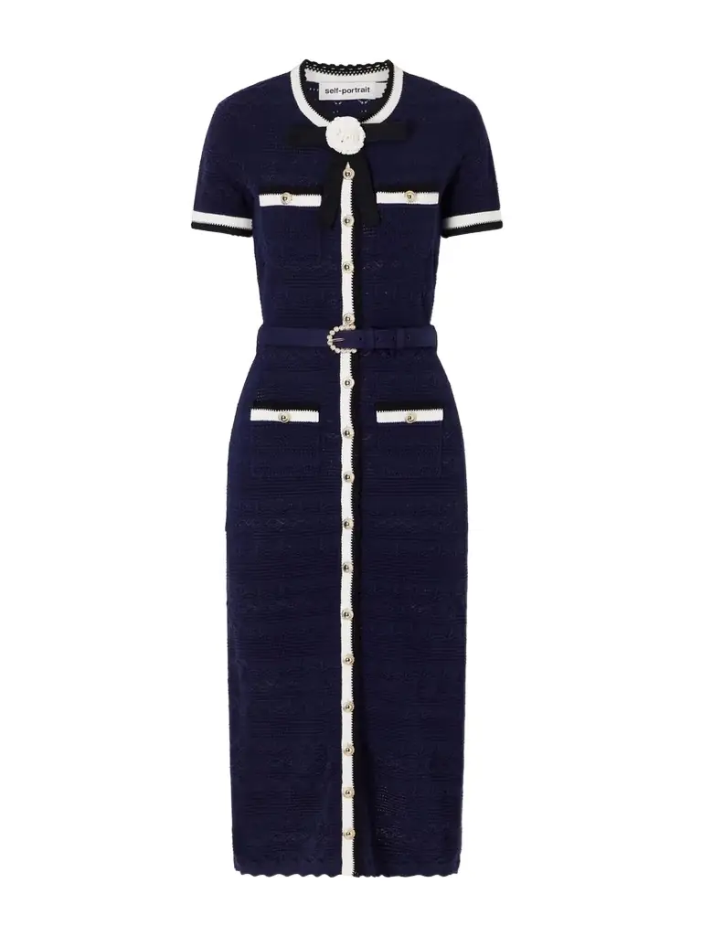 Self-Portrait Embellished Bow-detailed Pointelle-knit Cotton-blend Midi Dress