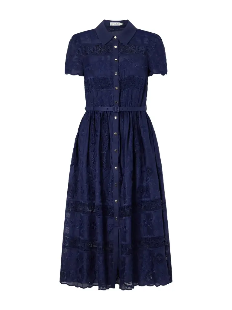 Self-Portrait Belted Embroidered Lace-trimmed Ramie Midi Dress