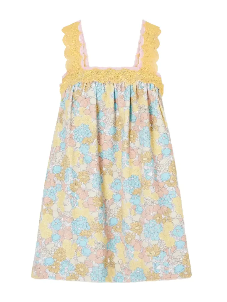 Pleated Lace-trimmed Floral-print Cotton-terry Mini Dress