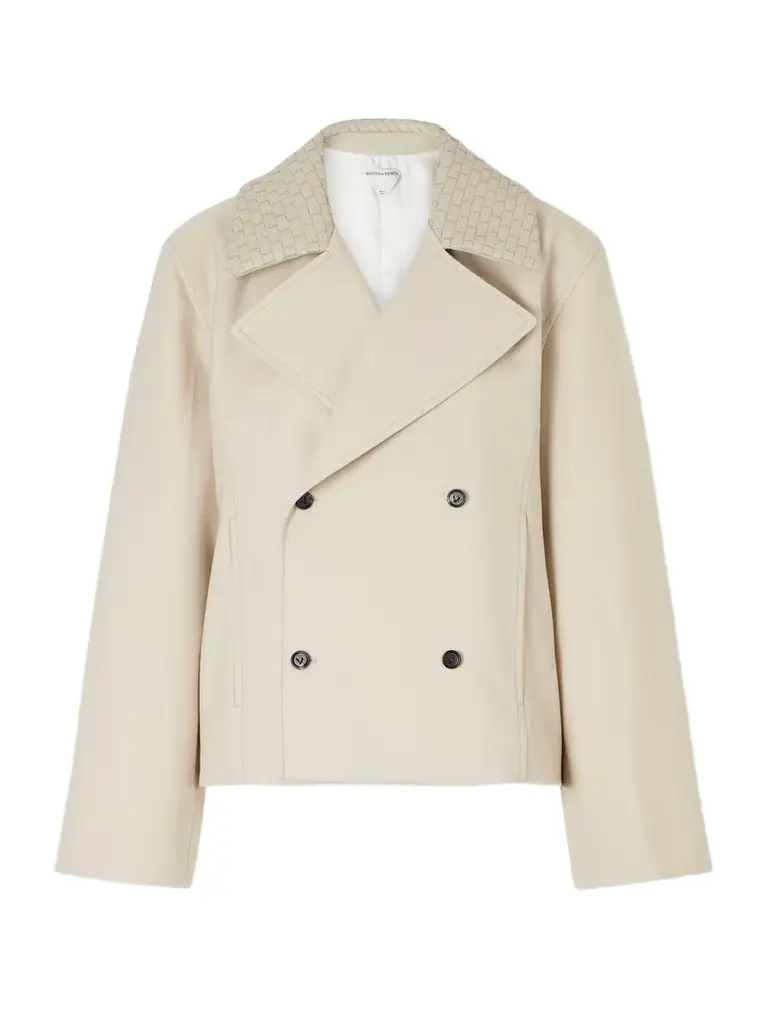 Bottega Veneta Double-breasted Intrecciato Leather-trimmed Striped Wool And Cotton-blend Jacket