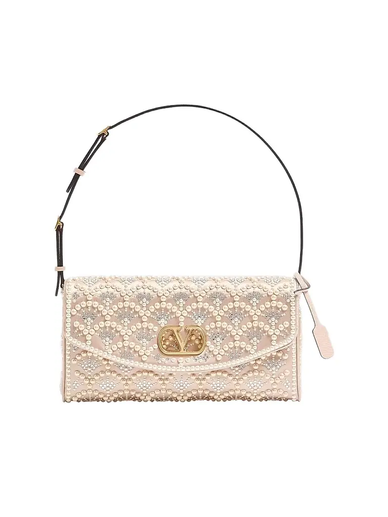 Valentino Garavani Women's Shoulder Bag with Pearls and Rhinestones - Cream