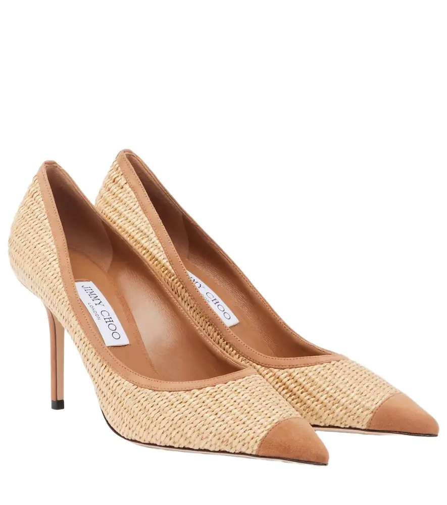 Jimmy Choo Love suede-trimmed raffia pumps