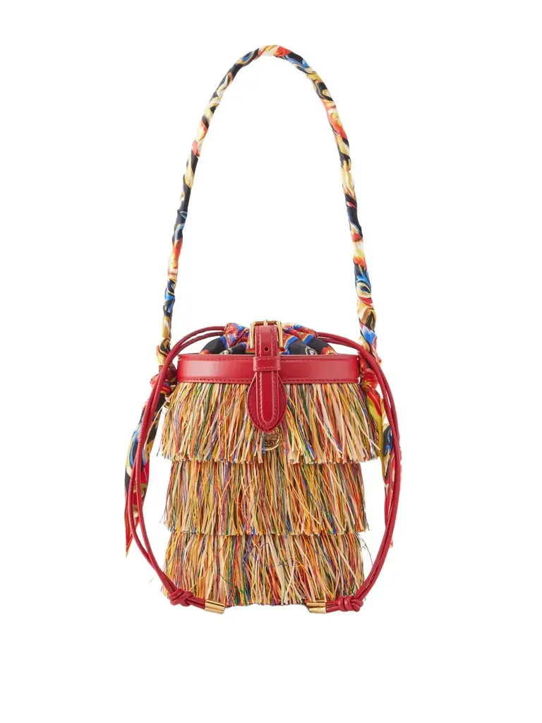 Dolce & Gabbana Capri Fringed Leather And Twill-trimmed Raffia Bucket Bag