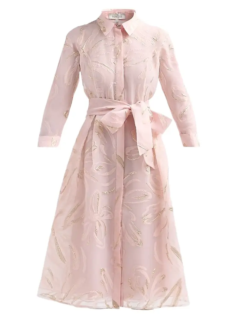 Teri Jon by Rickie Freeman Women's Metallic Jacquard Organza Midi Shirtdress - Blush Gold