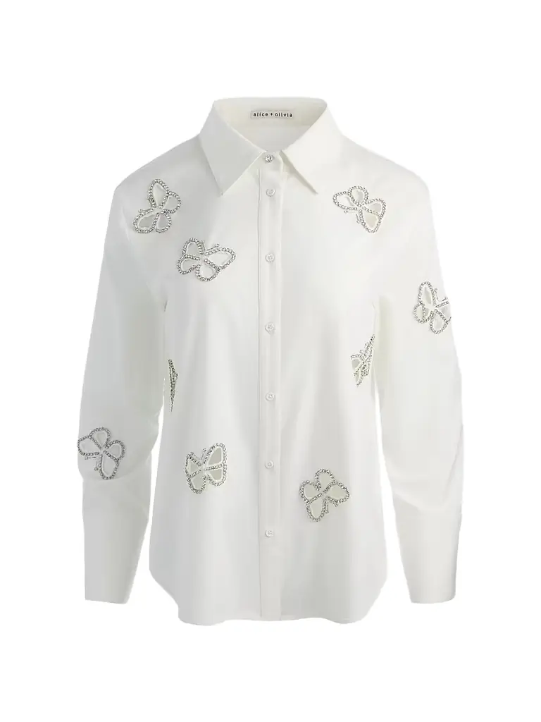 ALICE + OLIVIA Women's Finely Embellished Button-Front Shirt - Off White Silver Crystal