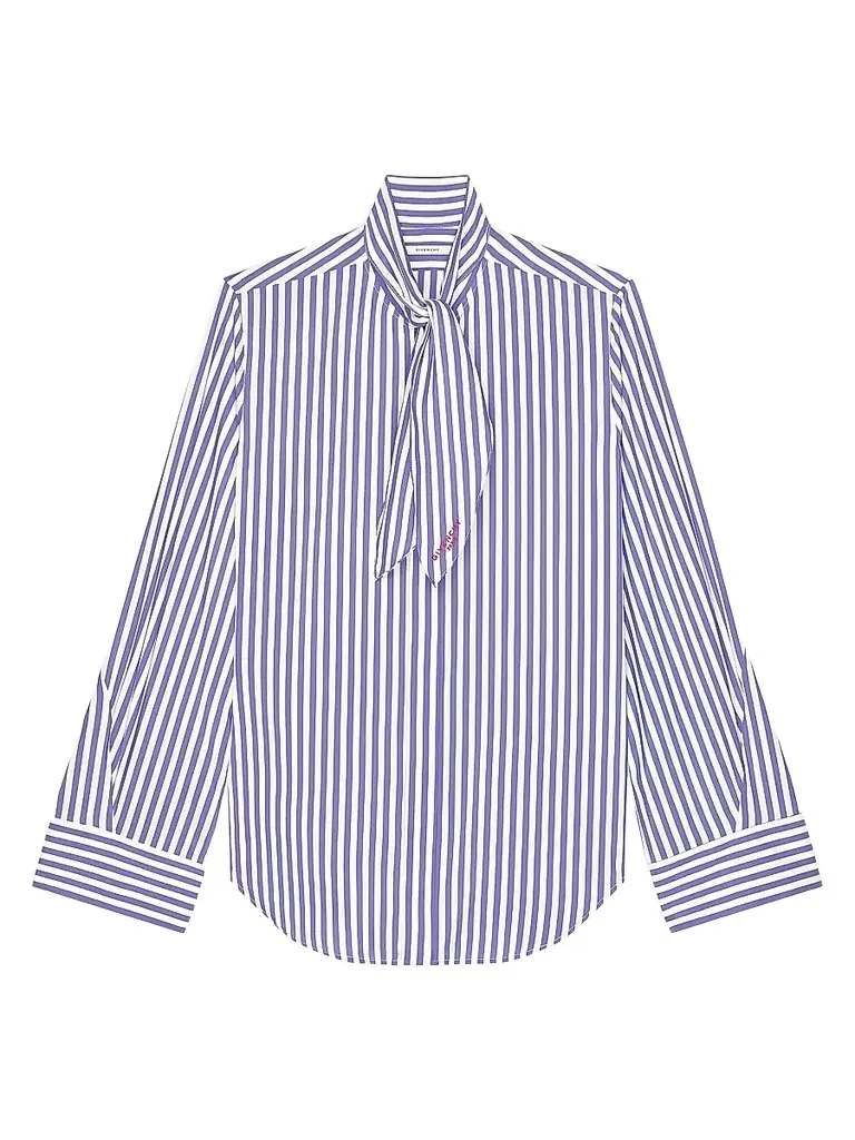 Givenchy Women's Cocoon Striped Shirt in Silk with Bow - Electric Blue White - Women's Clothing
