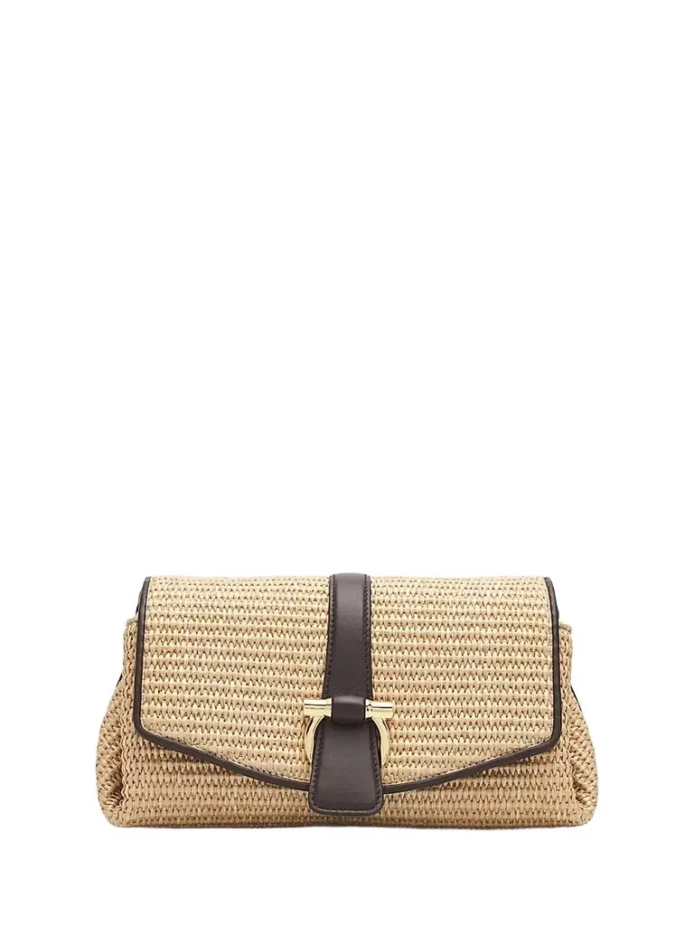 FERRAGAMO Women's New Line Leather-Trimmed Raffia Shoulder Bag - Naturale Testa Di Moro - Women's Bags