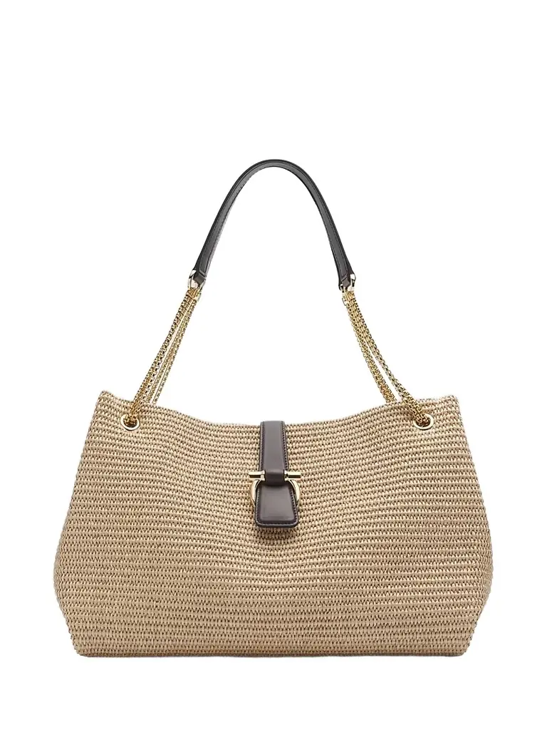 FERRAGAMO Women's New Line Raffia Tote Bag - Naturale Testa Di Moro - Women's Bags