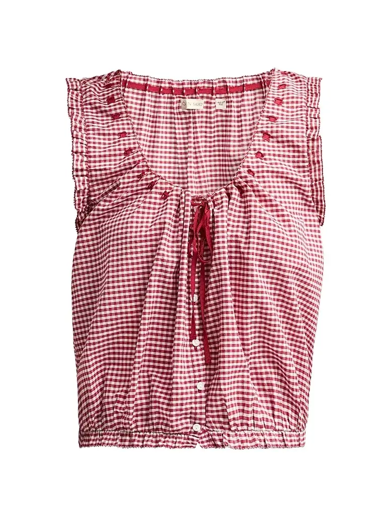 DÔEN Women's Traveler Gingham Tie-Front Top - Mulberry La Maddalena Gingham