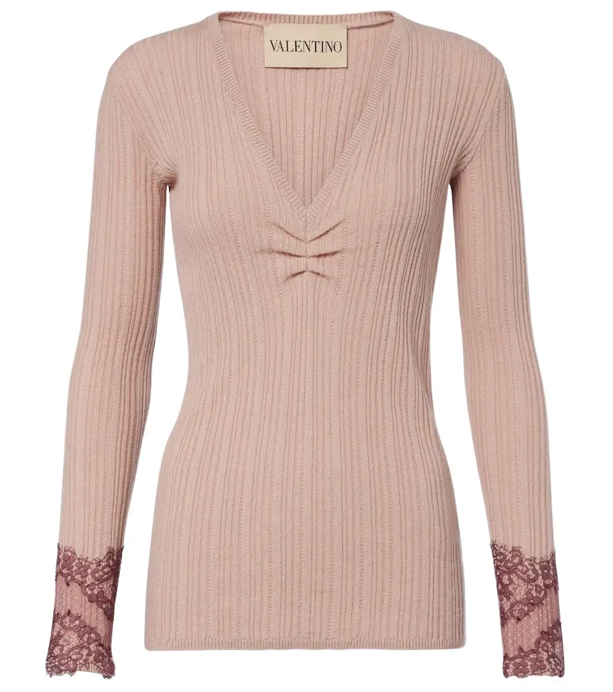 Valentino Gathered lace-trimmed cashmere sweater