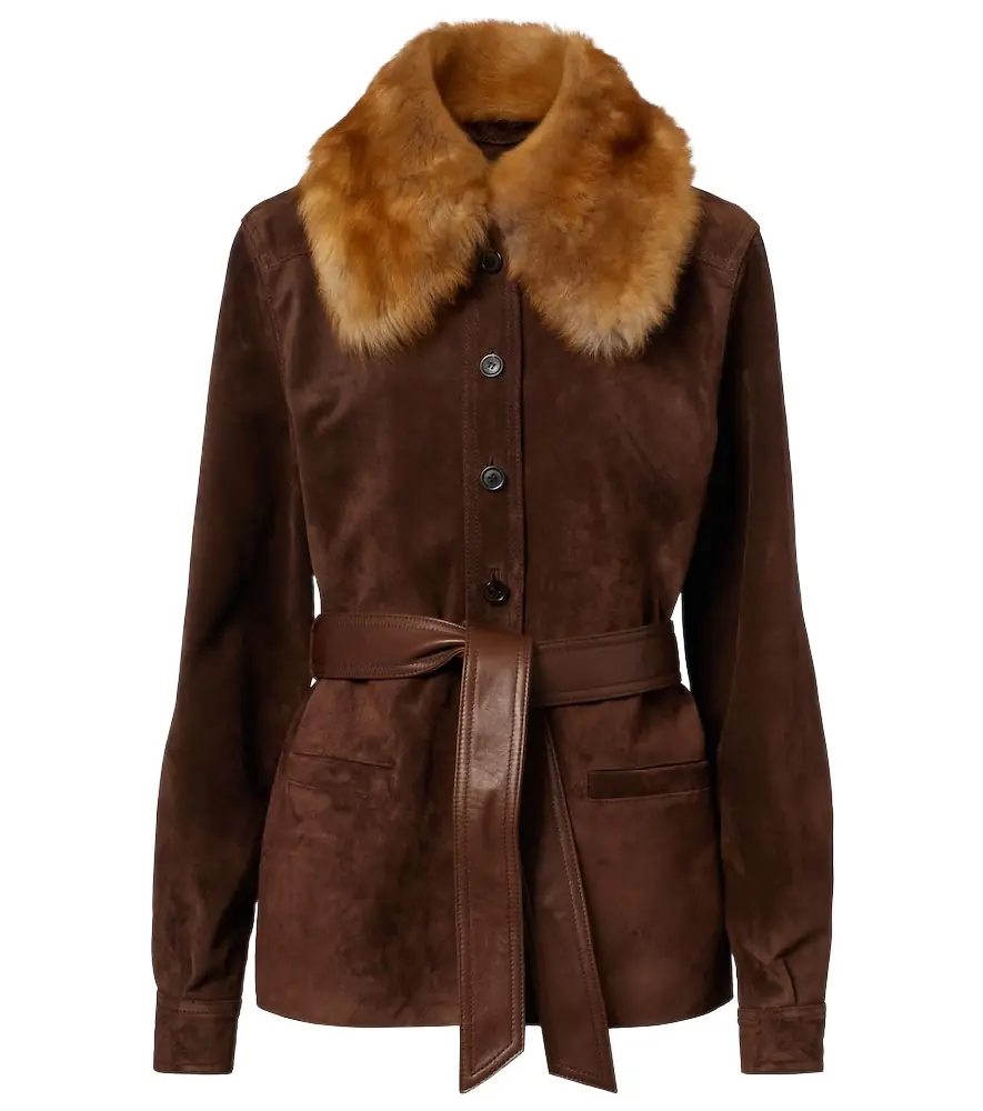 Saint Laurent Belted shearling-trimmed suede jacket