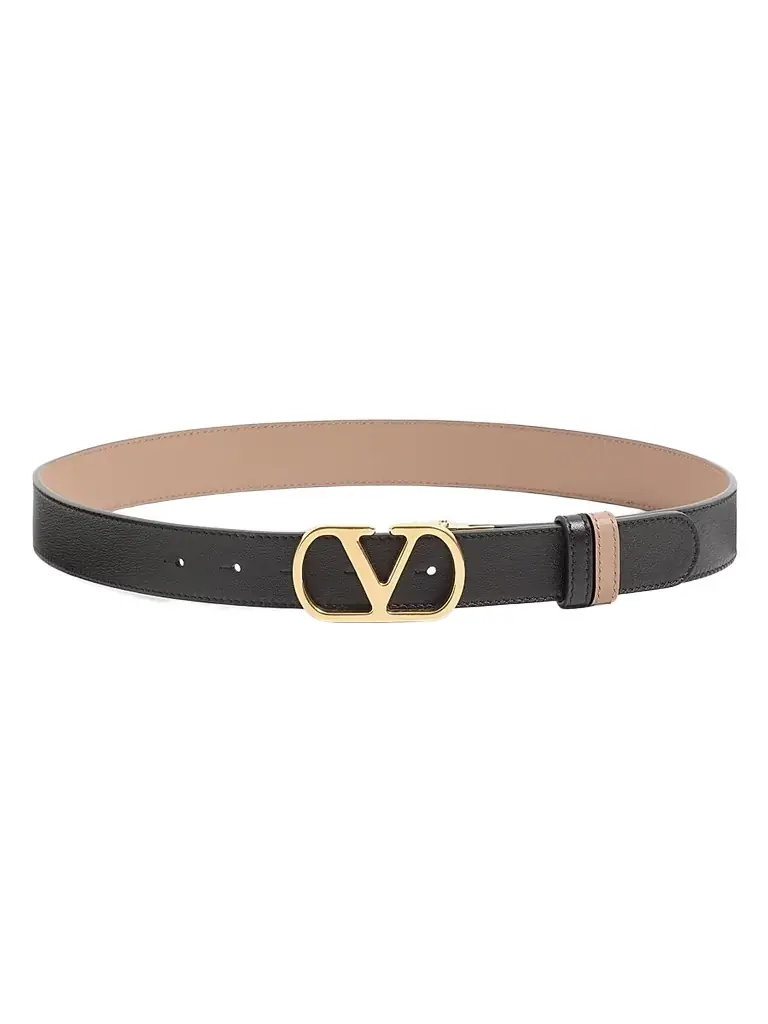 Valentino Garavani Women's VLogo Signature Reversible Shiny Calfskin Belt, 30MM - Beige Black - Women's Accessories