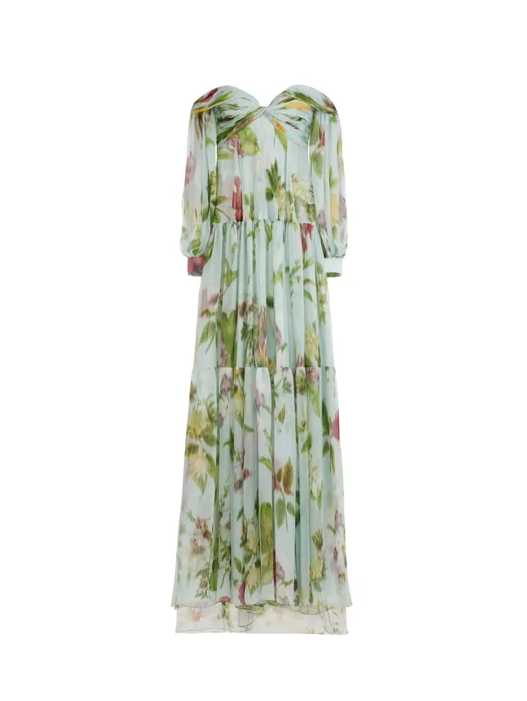 Oscar de la Renta Chiné Dominican Mixed-Floral Chiffon Sweetheart Gown