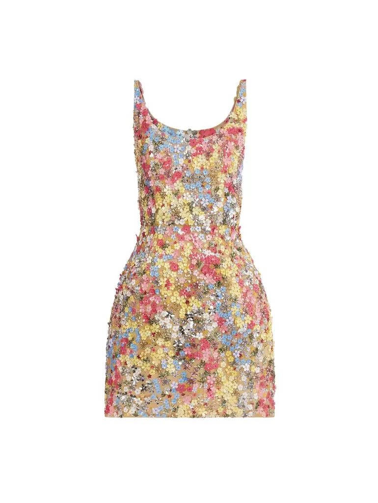 Oscar de la Renta Porcelain Flower Embroidered Sleeveless Dress