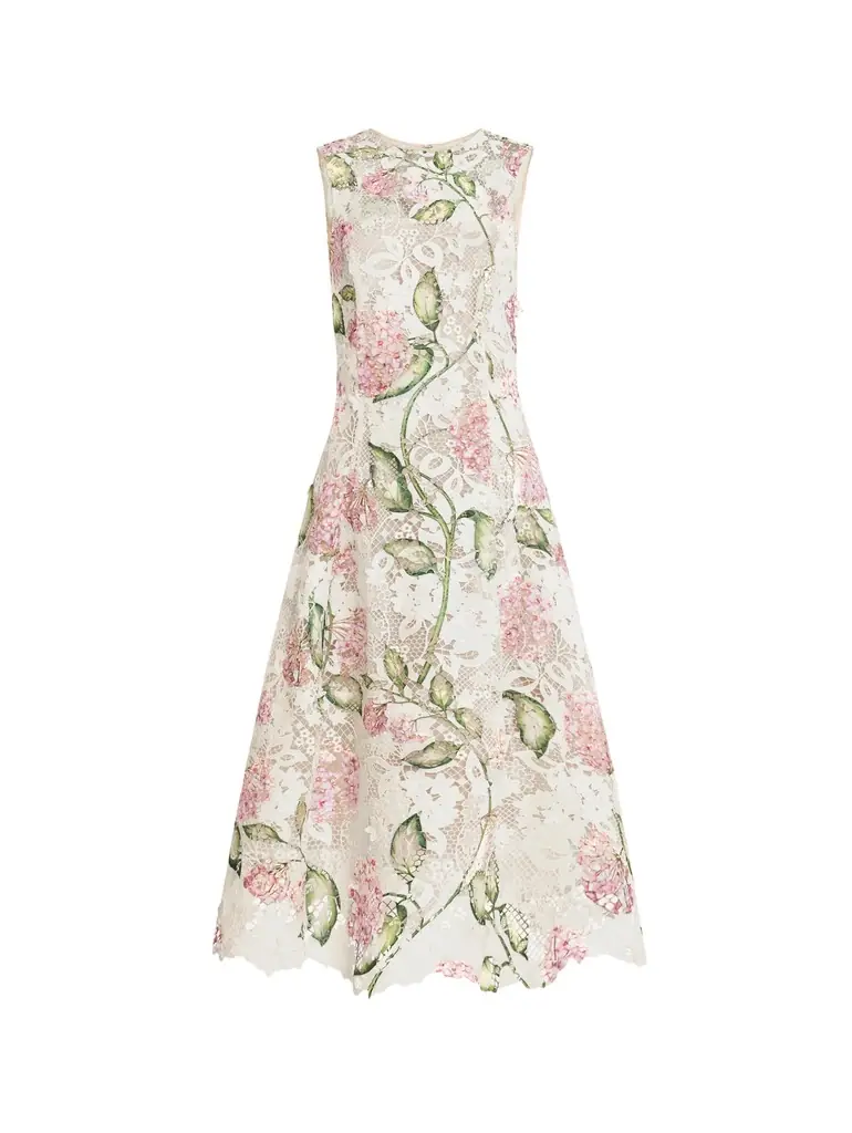 Oscar de la Renta Porcelain Flower Guipure Sleeveless Dress