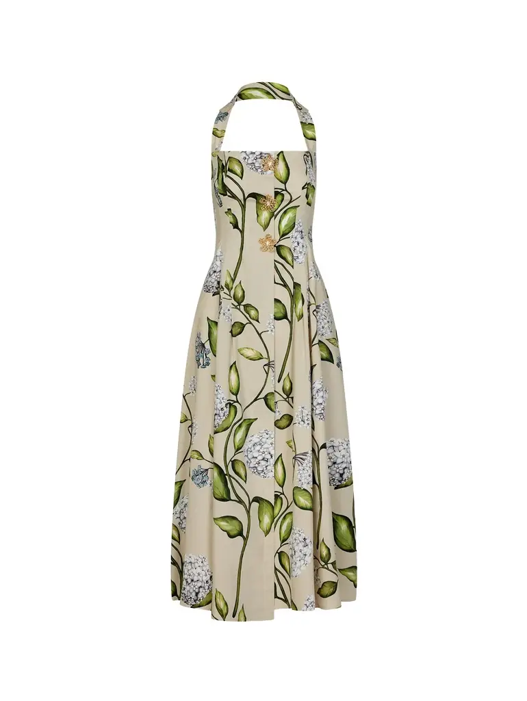 Oscar de la Renta Porcelain Flower Cotton Poplin Halter Dress Ivory