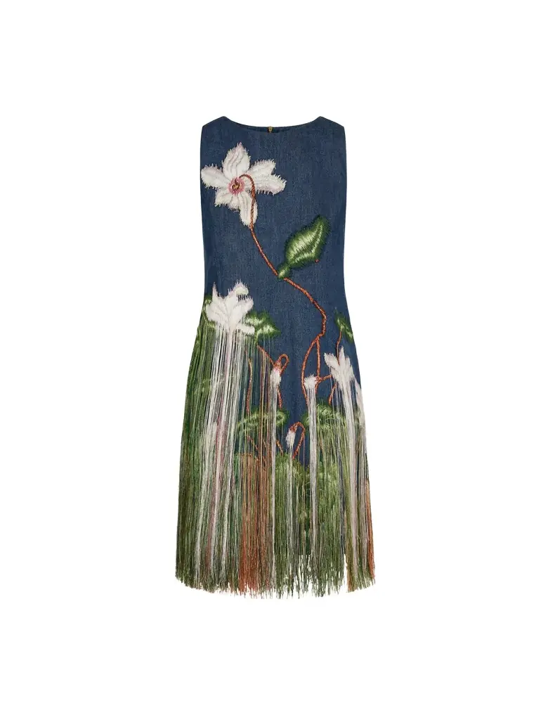 Oscar de la Renta Chiné Cyclamen Threadwork Fringe Shift Dress