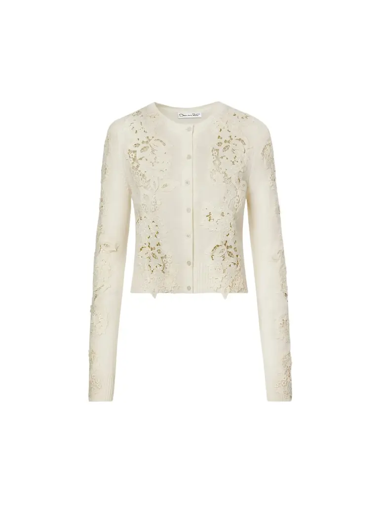 Oscar de la Renta Porcelain Flower Guipure Insert Cardigan