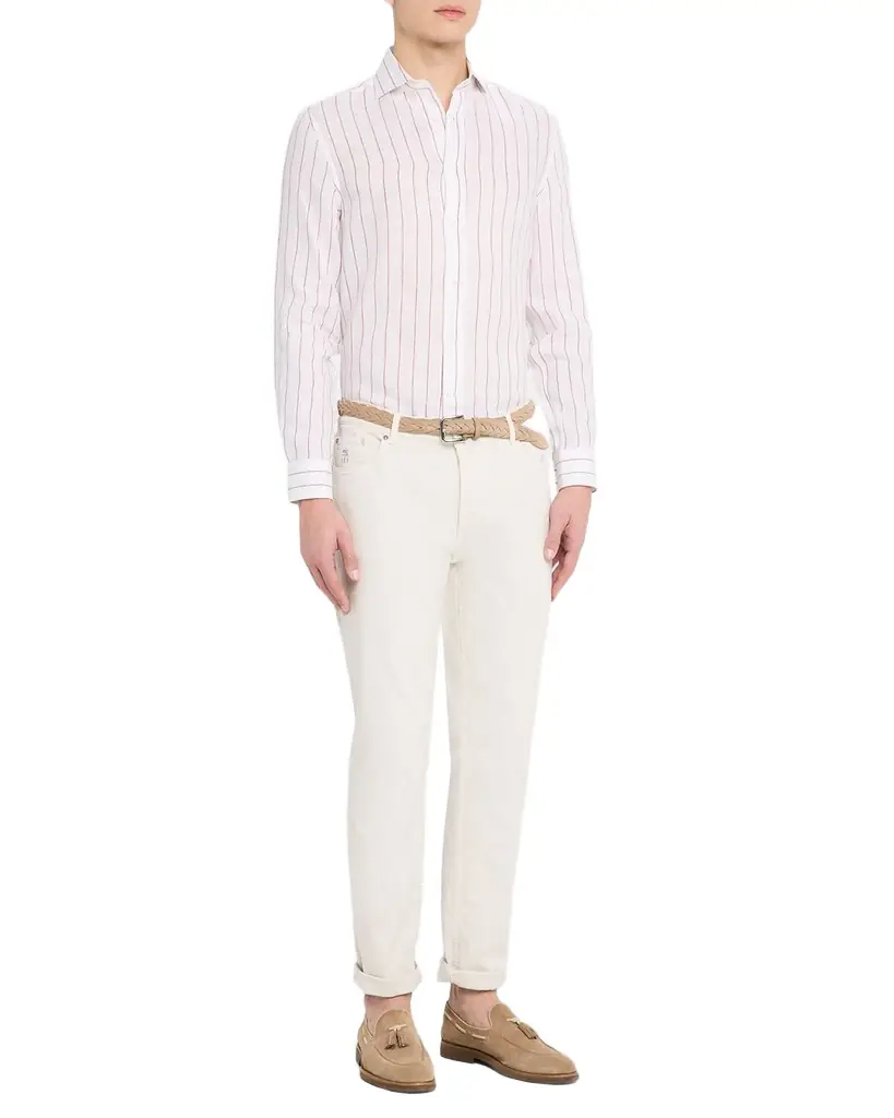 Brunello Cucinelli Men 's Linen Pinstripe Spread Collar Button-Down Shirt