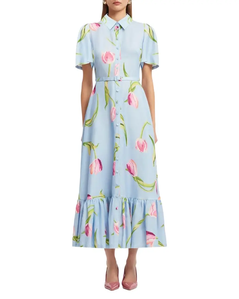 LEO LIN Becca Belted Floral Short-Sleeve Midi Dress