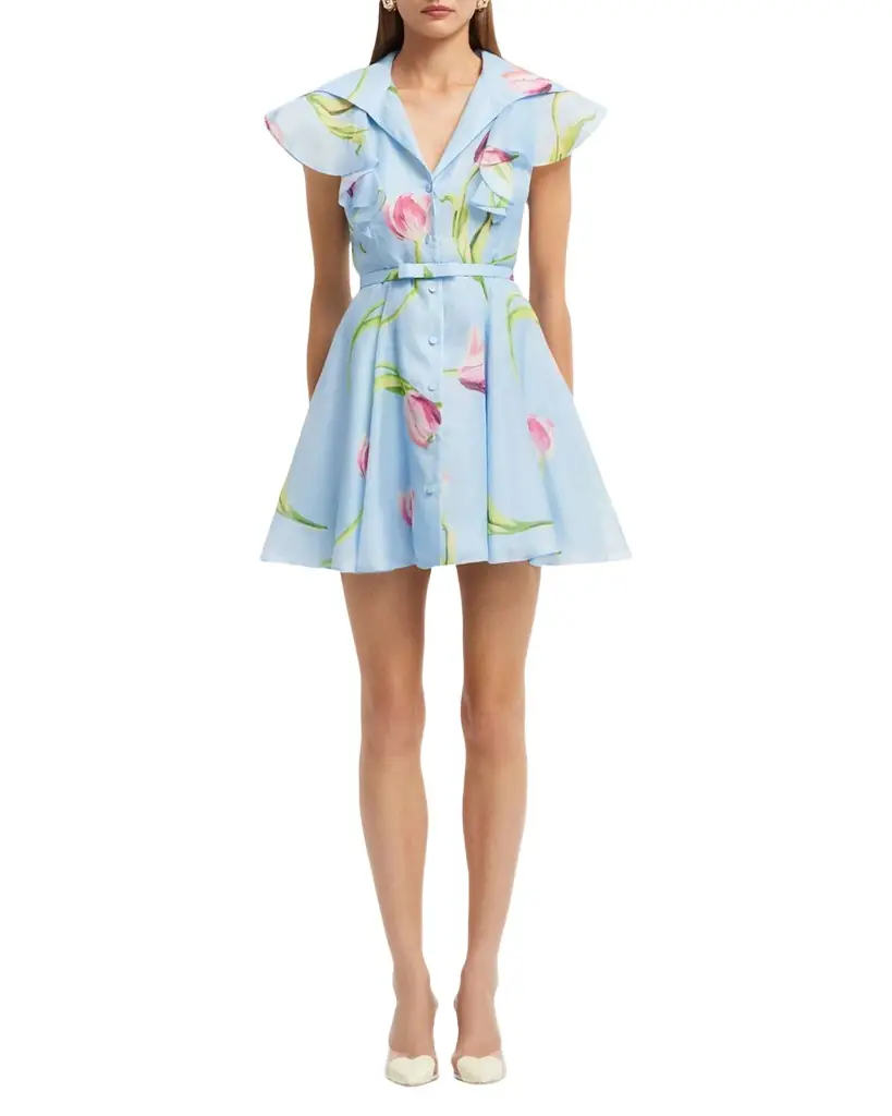 LEO LIN Isla Belted Lapel-Collar Floral Mini Dress