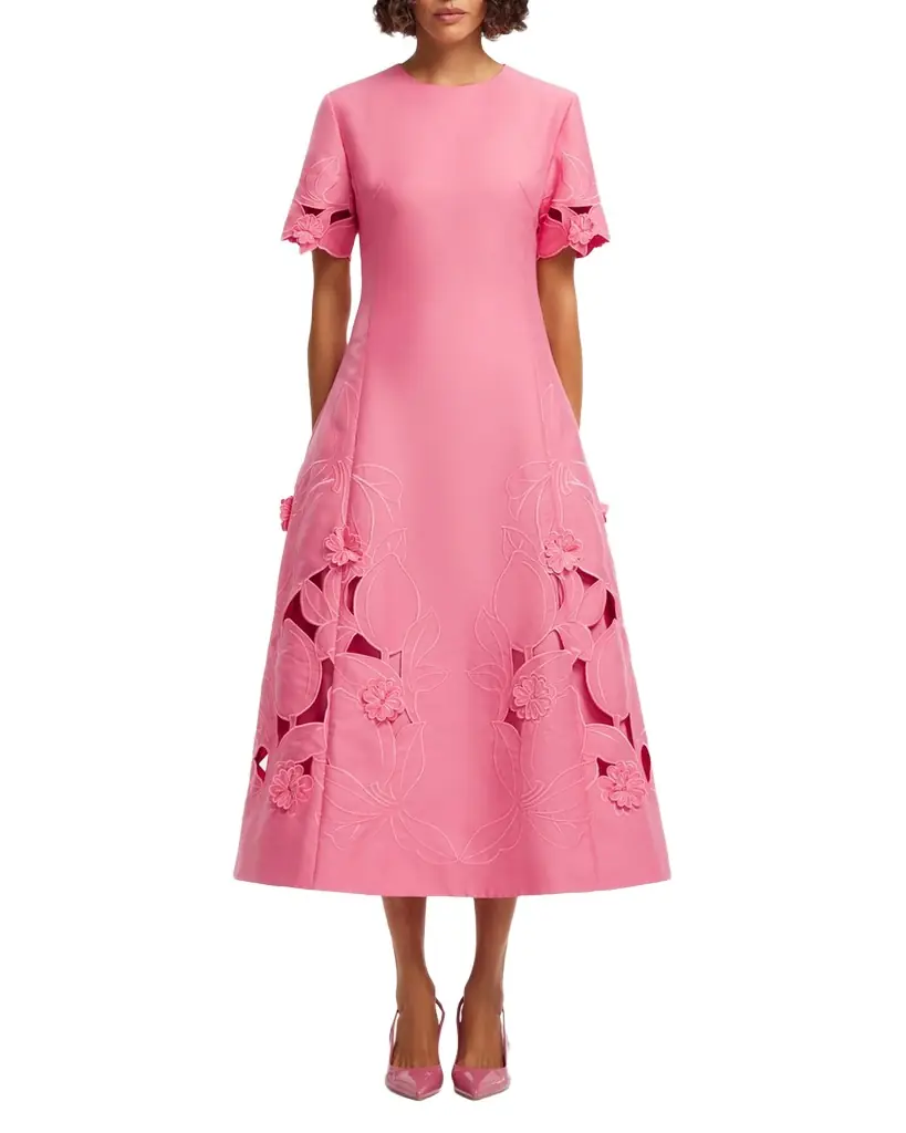 LEO LIN Caroline Floral Embroidered Short-Sleeve Midi Dress