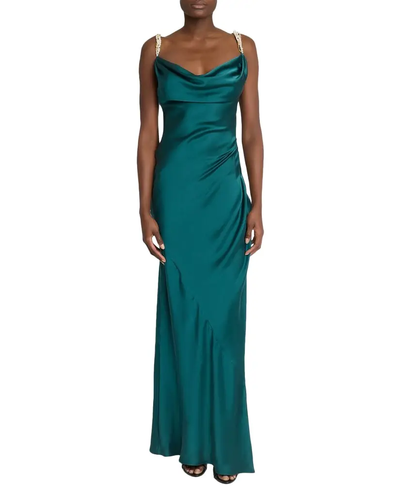 Balmain Cowl-Neck Embroidered Strap Silk Column Gown