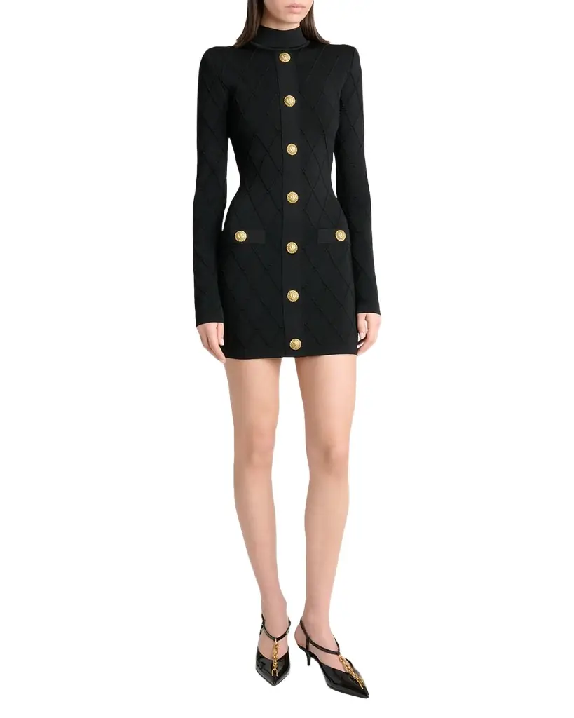 Balmain Long-Sleeve Buttoned Knit Mini Dress - Women's Clothing