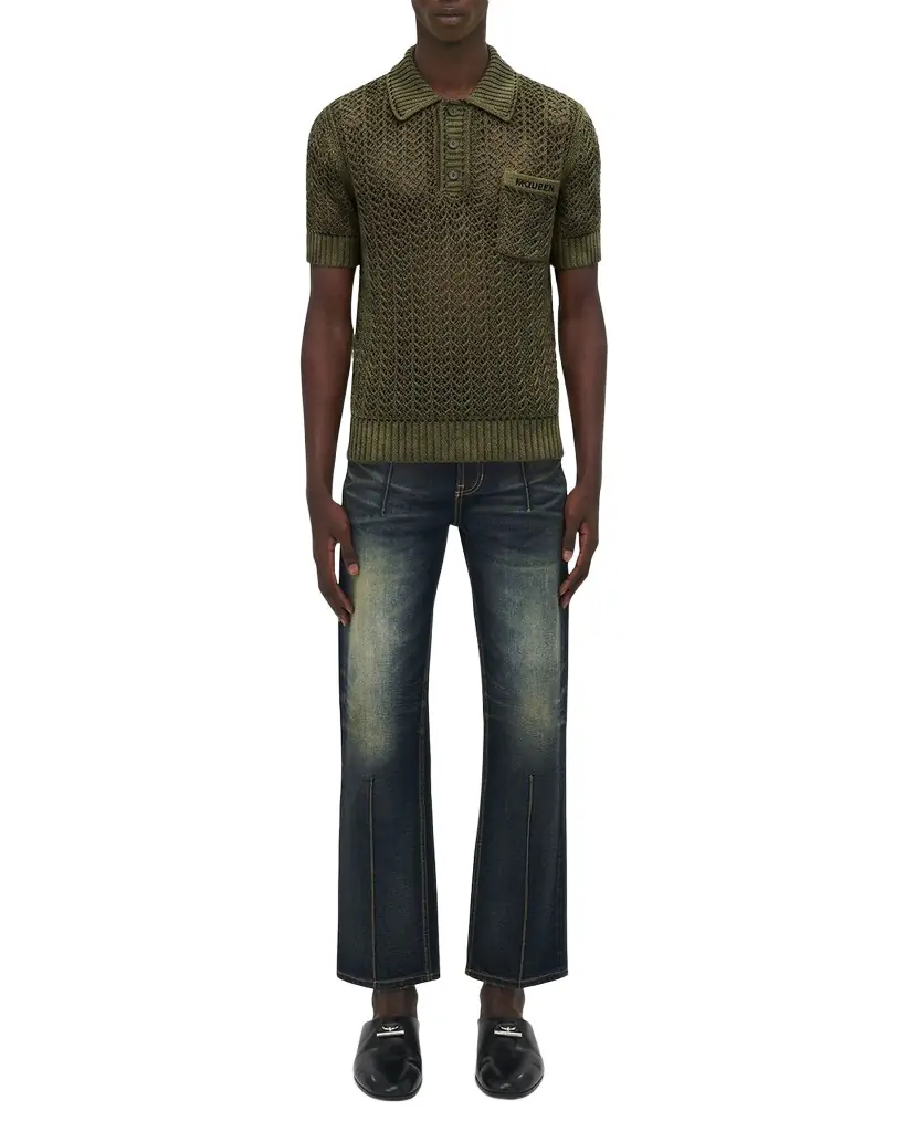McQueen Men 's Cotton Crochet Pocket Polo Shirt