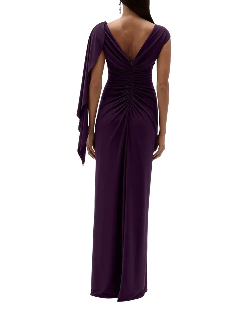 Amsale Asymmetric Cap-Sleeve Ruched Long Gown