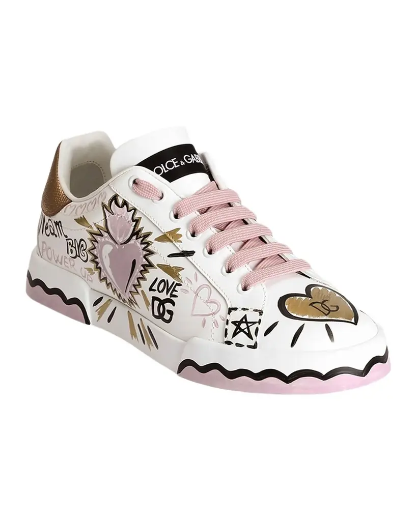 Dolce & Gabbana Portofino Doodle Leather Low-Top Sneakers - Women's Shoes