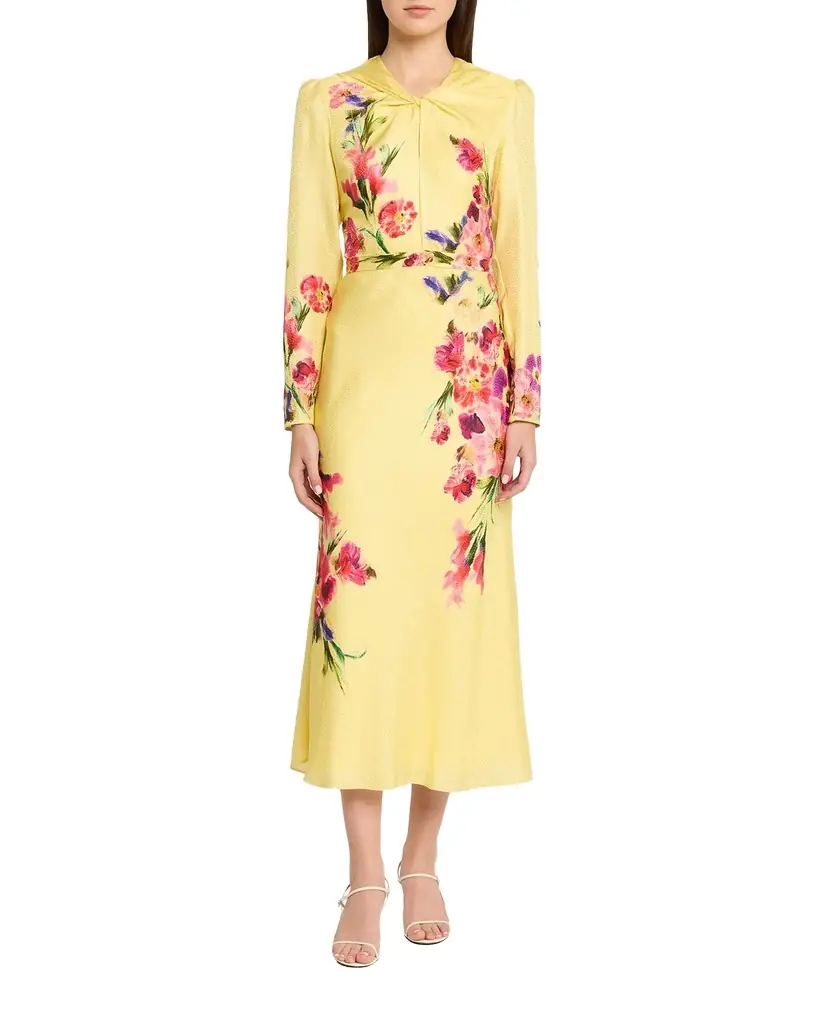 Saloni Claudia Floral Silk Long-Sleeve Fluted Midi Dress