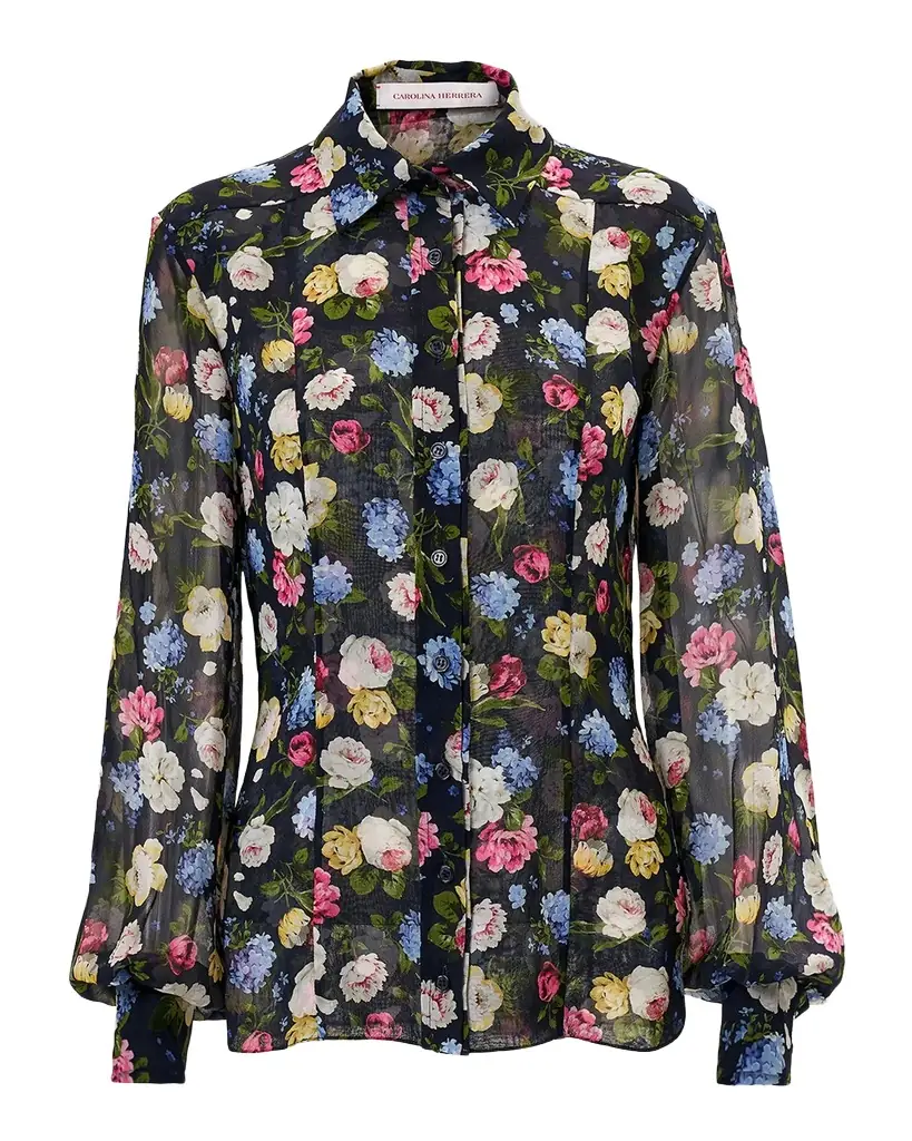 Carolina Herrera Isabella Rose-Print Silk Chiffon Button-Down Shirt