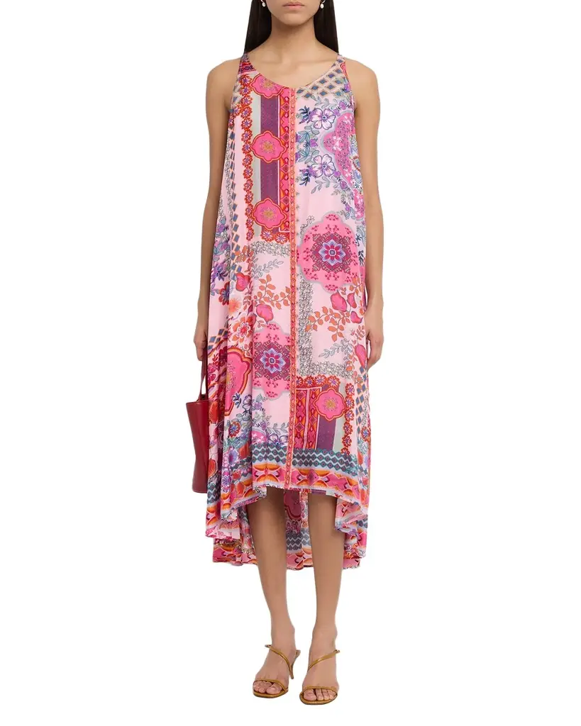 Johnny Was Dornaz High-Low Patchwork Silk Midi Dress