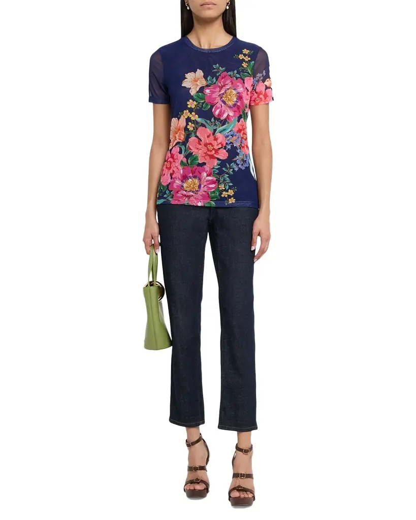 Johnny Was Eleanor Floral-Print Crewneck Mesh Tee