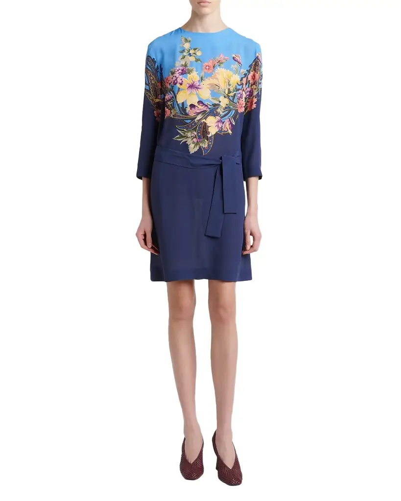 Etro Bi-Color Floral-Print 3/4-Sleeve Belted Dress