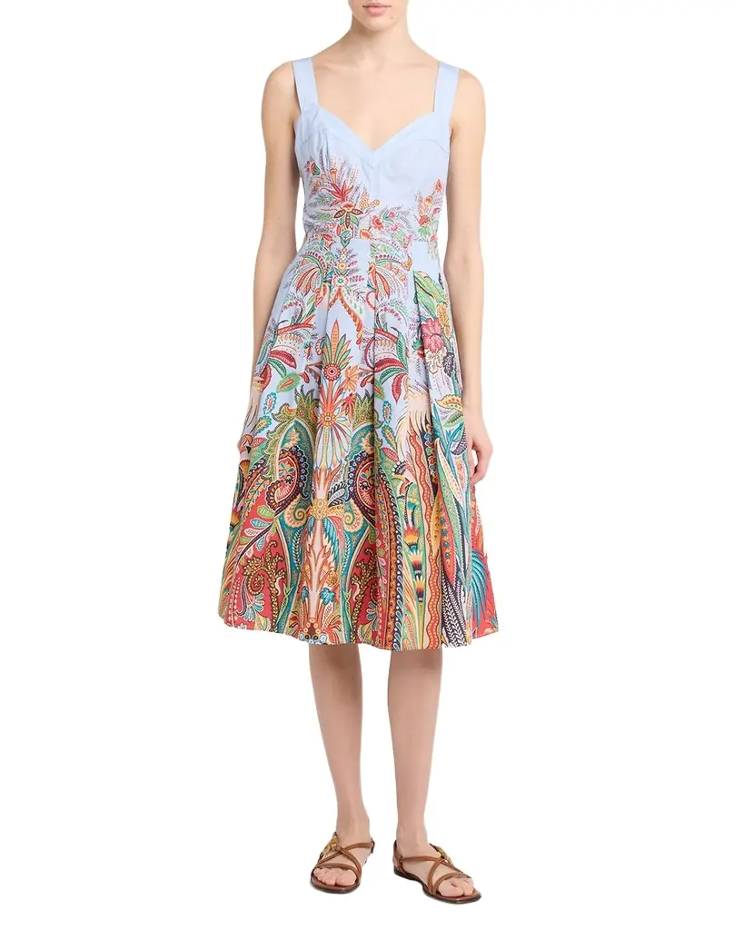 Etro Sleeveless Paisley-Print Pleated Cotton Midi Dress