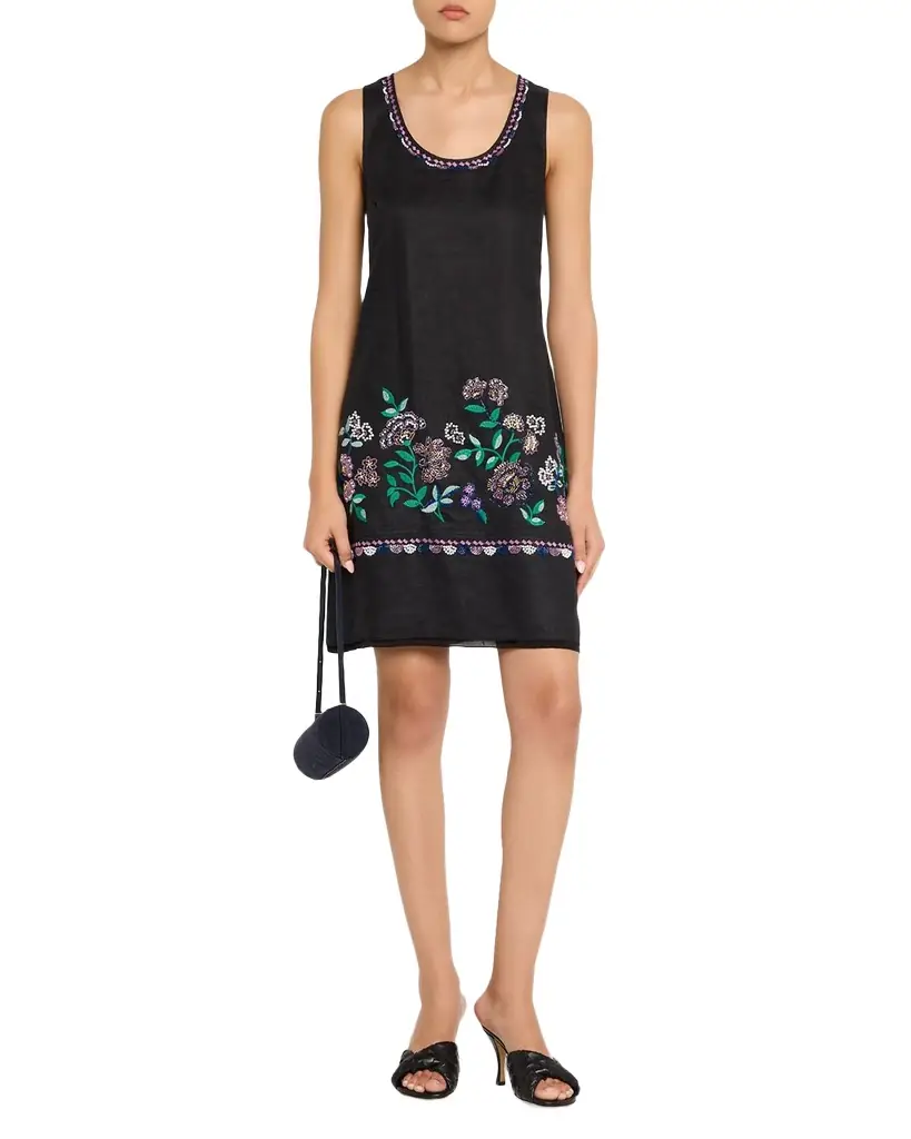 Johnny Was Beaded Floral-Embroidered Linen Tank Dress