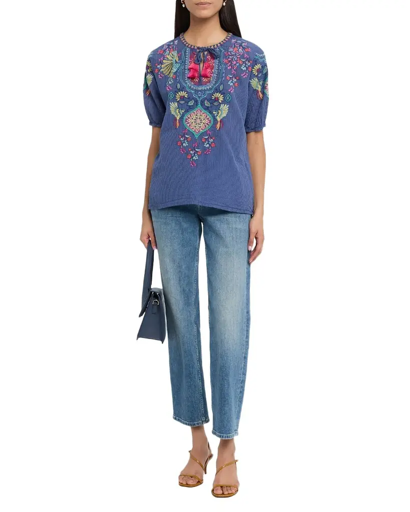 Johnny Was Margot Embroidered Cotton-Silk Blouse