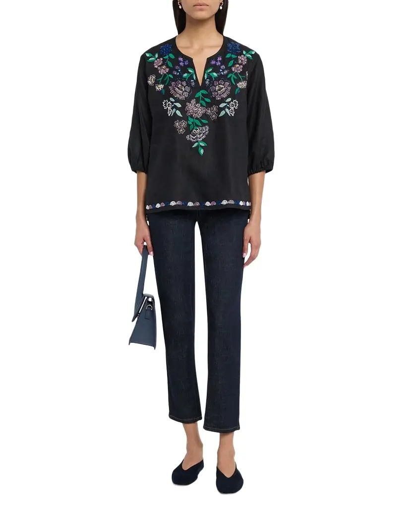 Johnny Was Beaded Floral Split-Neck Linen Blouse