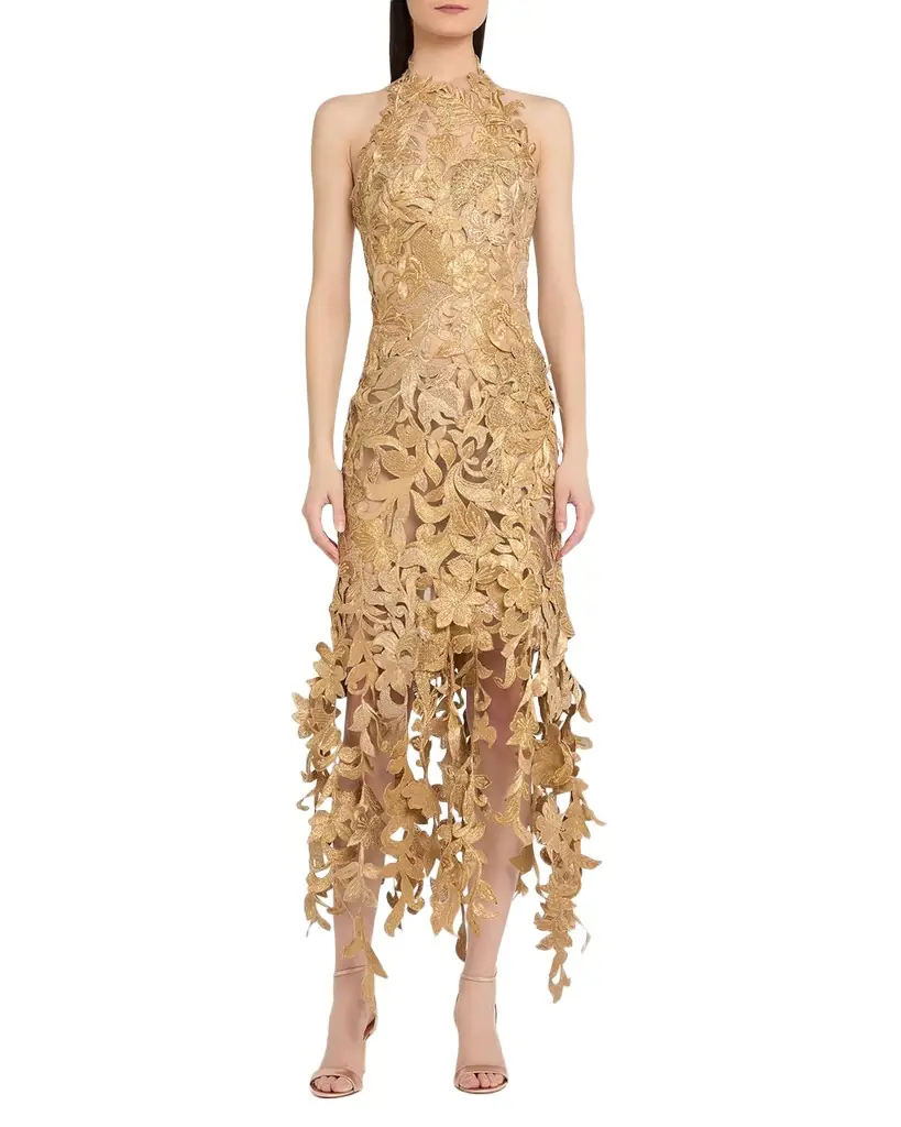 Oscar de la Renta Sleeveless Corded Floral Halter Midi Cocktail Dress