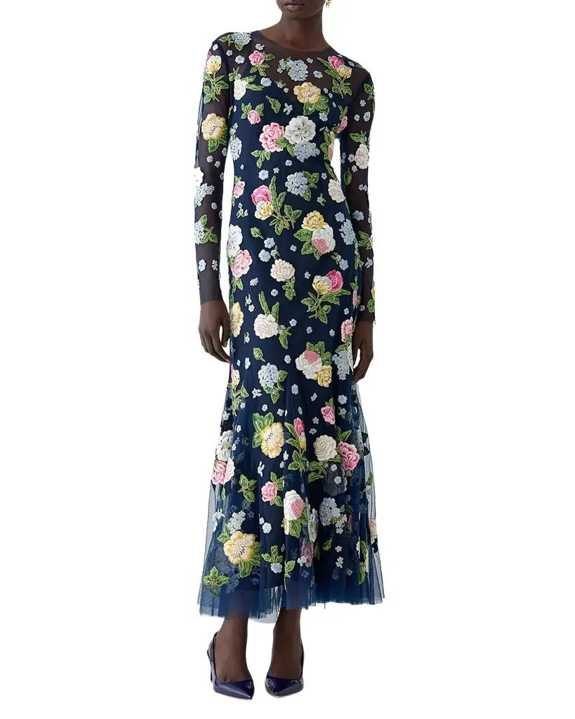 carolina herrera floral-embroidered tulle midi dress Carolina Herrera Embroidered Tulle Strapless Midi Dress