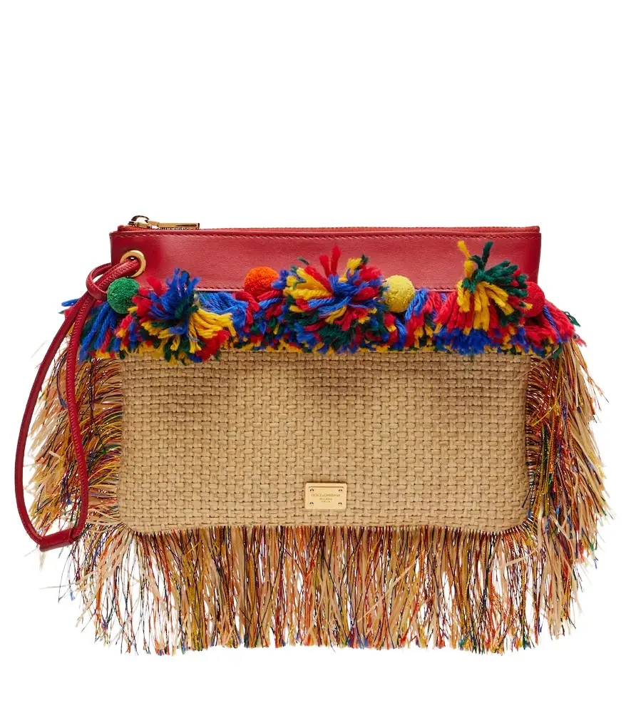 Dolce & Gabbana Fringed woven leather-trimmed pouch