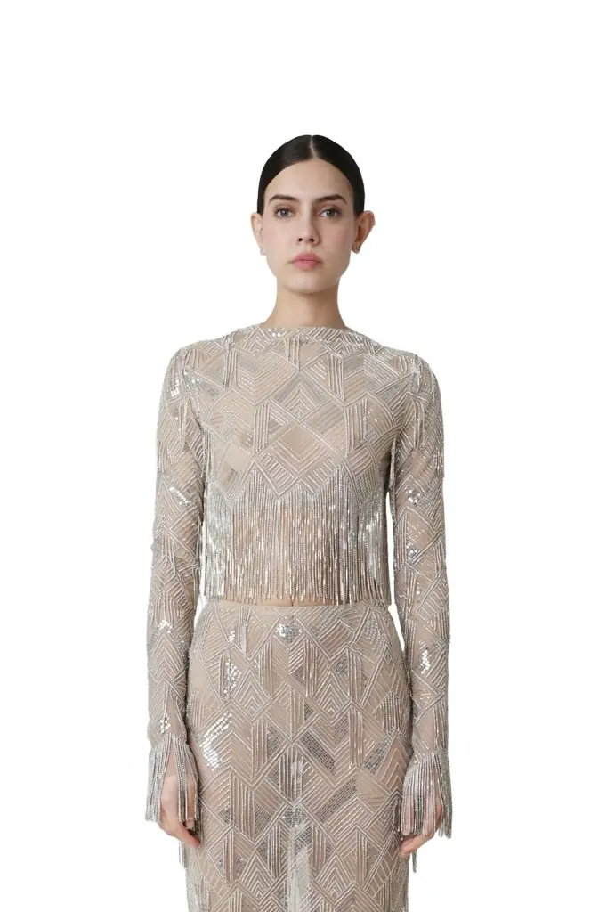 LAPOINTE Geometric Crystal Fringe Cropped Top